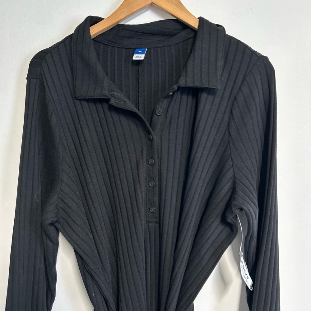 Old Navy Womens XXL Black Ribbed Knit Sweater Dress Long Sleeve Belt 1/4 Button‎